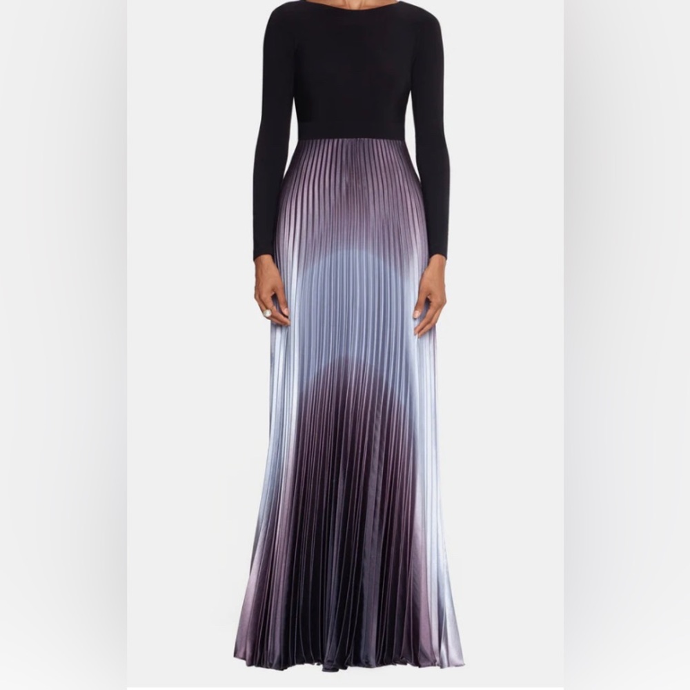BETSY & ADAM Long Sleeve Ombre Charmeuse Pleat Dress